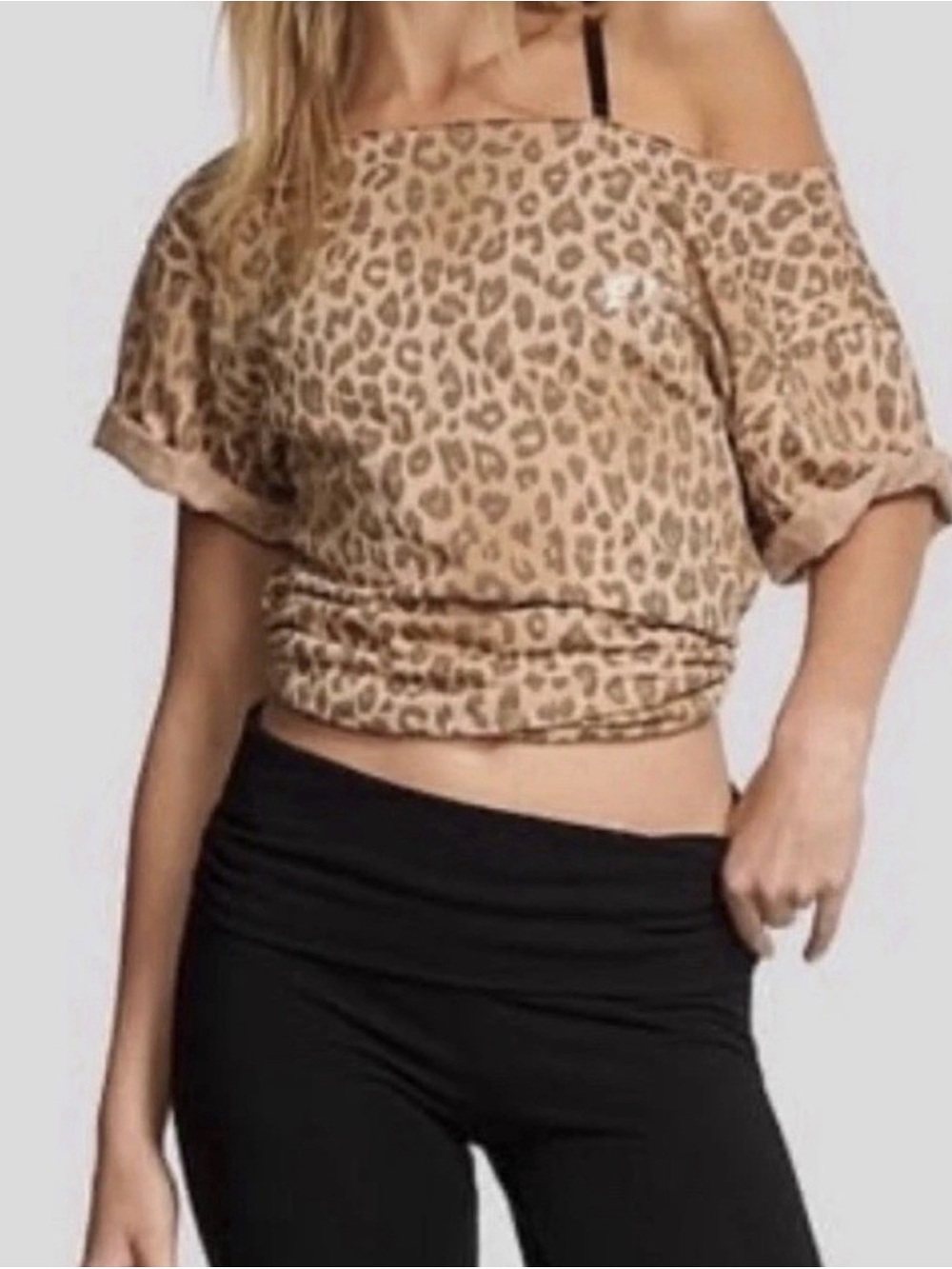 Victoria's Secret PINK CAMPUS COTTON Off the Shoulder Tee Leopard